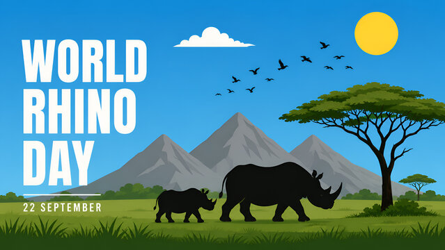 World Rhino Day flat banner with rhinoceros silhouettes and African mountain landscape