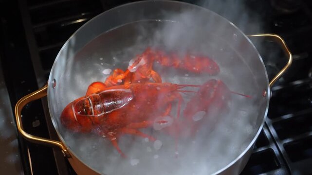 Red lobster boiling in pot of hot water. Steam rises from a metal saucepan placed on a dark stove burner.
