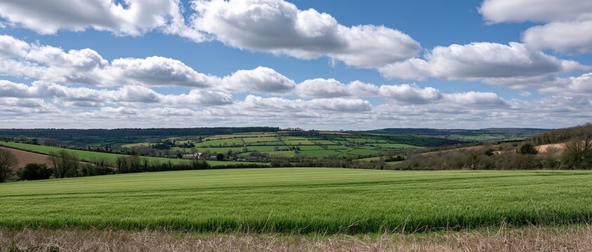 The Open Countryside Landscape With Rolling Green Fields Under Cumulus Clouds