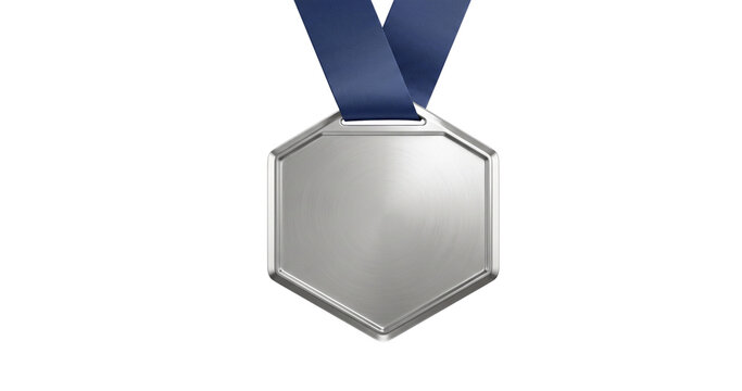 Hexagonal silver medal displaying matte metallic finish and cool gray tones hanging securely from dark blue fabric ribbon.