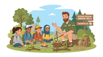 Fototapeta premium Volunteer guide teaching survival skills and fire starting to diverse group of children outdoors vector