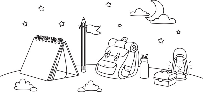 School supplies and camping gear line tent backpack