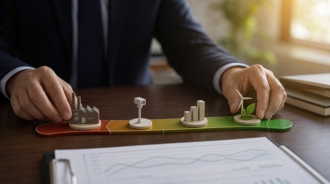 eco business tax strategy. Businessman adjusting a sustainability progress bar with icons representing factory, key, growth, and plant.