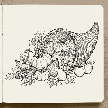 Hand drawn Cornucopia overflowing with autumn harvest fruits and vegetables sketch style