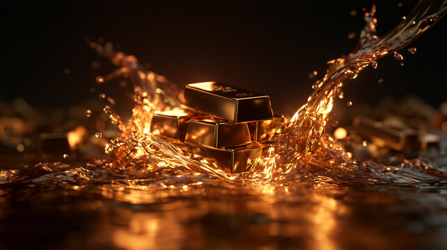 Shiny Gold Bullion Bars with Dynamic Liquid Splash