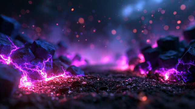 Purple Glowing Electrical Energy Crackling on Dark Rocky Ground