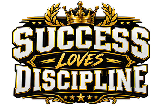 Success Loves Discipline motivational typography, gold crown and laurel wreath emblem, inspirational quote for business and fitness