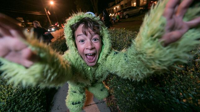 Excited Boy in Green Monster Costume Celebrating Halloween