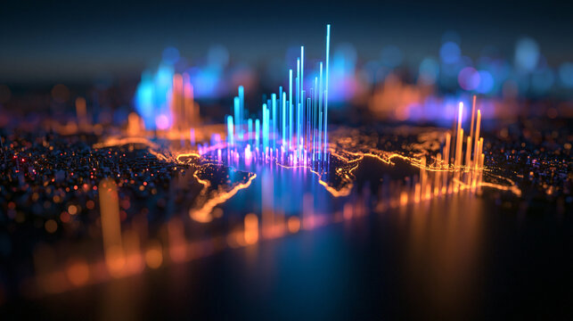 Digital World Map with Financial Data and Glowing Graphs