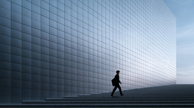 Businessman Walking Up Stairs by Modern Corporate Building