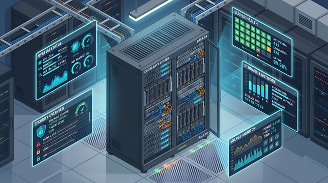Cloud data center server rack with holographic system monitoring
