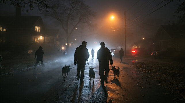 Silhouettes Walking Dogs on Foggy Street at Night