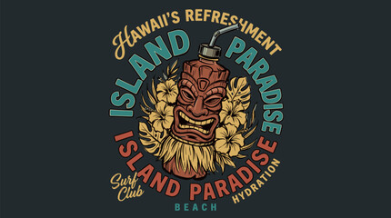 Tropical tiki paradise vacation. Vintage hawaiian surf club design for t-shirt. Summer island drink with hibiscus flowers. Retro tiki mask illustration with exotic vibes. © m gusafif