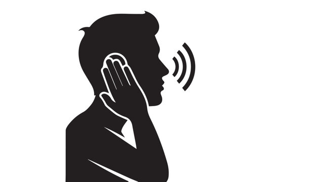 Person listening intently to sound waves while holding a hand to their ear represents communication, feedback, and active engagement in a digital environment.