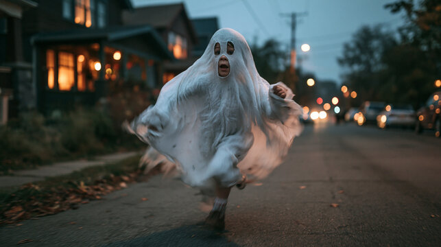 Child in Ghost Costume Running on Street at Halloween