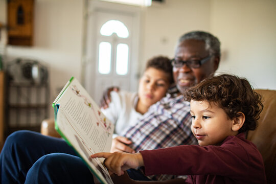 Grandfather reading storybook with grandchildren at home