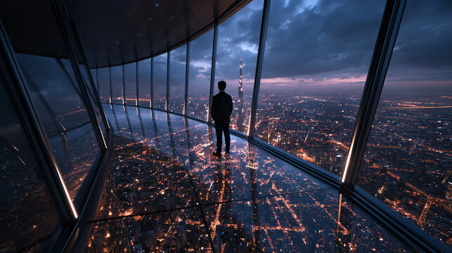 Businessman Standing on Modern Glass Observation Deck Overlooking City