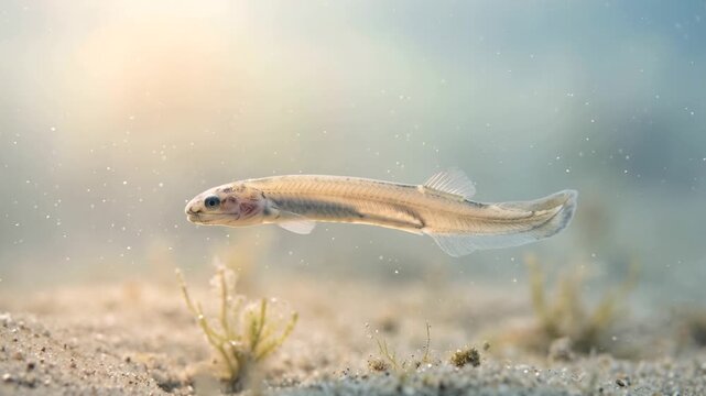haikouichthys underwater close up at morning light in ancient cambrian ocean cinematic video