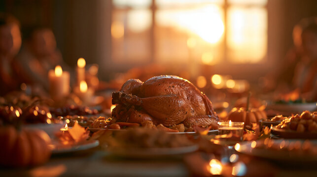 Roasted Turkey on Thanksgiving Dinner Table with Candles