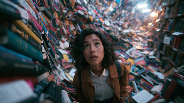 Young Woman Looking Up in Surreal Library Book Vortex
