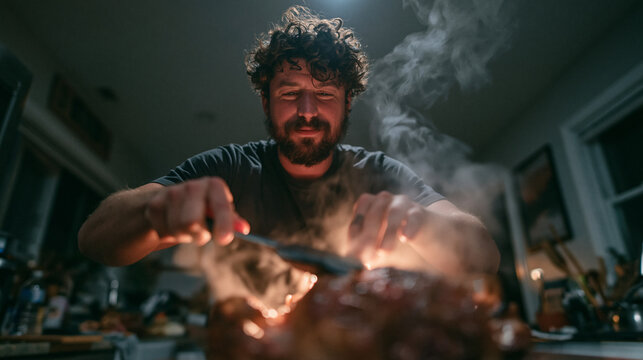 Smiling Man Carving Steaming Roast Meat in Kitchen