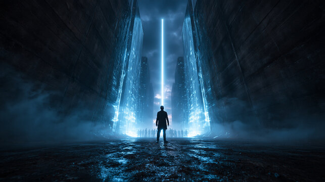 Futuristic Sci-Fi City with Silhouette Figure and Light Beam