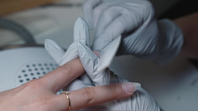 Acrylic nail shape correction using salon file in beauty salon as part of professional manicure