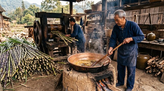 A Chinese artisan stirring boiling sugarcane juice in a large copper cauldron over a wood-fired stove during traditional brown sugar making