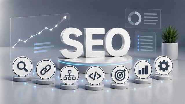 Search engine optimization strategy concept with 3d seo text rising graph and digital marketing icons on modern clean corporate desk background