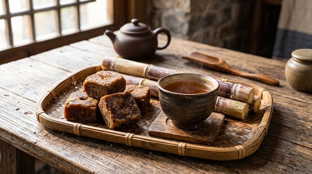 Cubes of traditional brown jaggery sugar served with hot tea and fresh sugarcane stalks arranged on a bamboo tray over a rustic wooden table