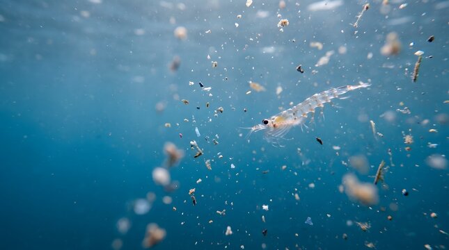 Macro underwater photography of Antarctic krill swimming in the blue ocean.