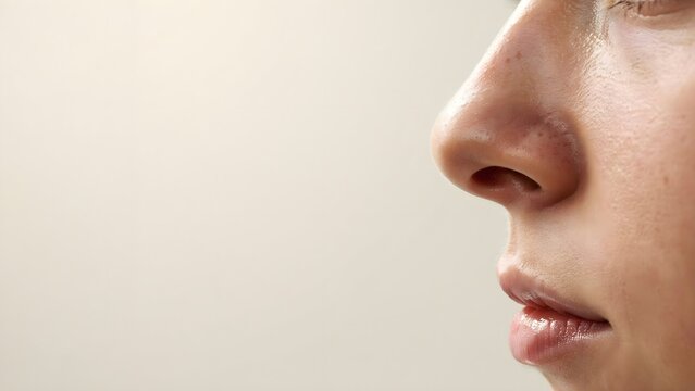 Young woman, girl demonstrating nose after, before surgery over white studio background. Side view. Rhinoplasty