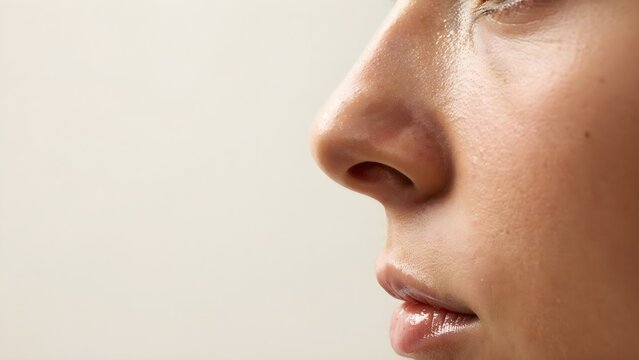 Young woman, girl demonstrating nose after, before surgery over white studio background. Side view. Rhinoplasty