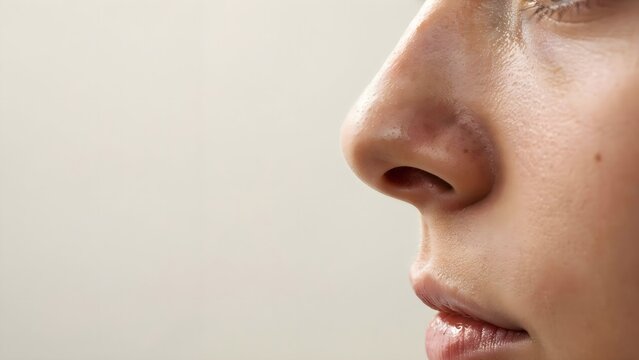 Young woman, girl demonstrating nose after, before surgery over white studio background. Side view. Rhinoplasty
