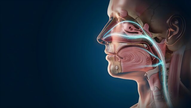 Detailed anatomical illustration of the human respiratory and upper digestive tracts