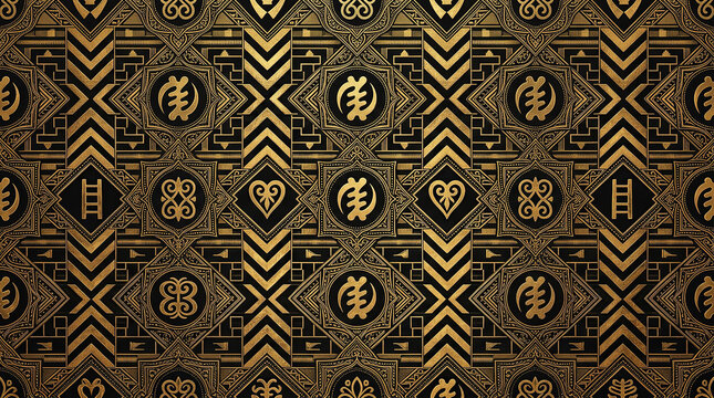 Adinkra symbol gold pattern on black background featuring traditional west african aesthetic for premium graphic print design.