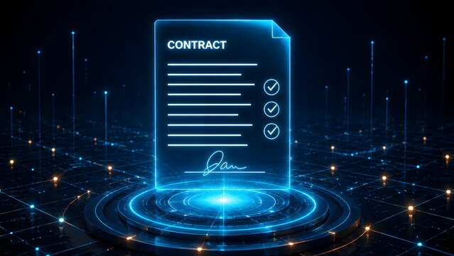 Futuristic glowing blue digital smart contract hovering on technological podium illustrating secure blockchain agreement electronic signature and automated legal compliance