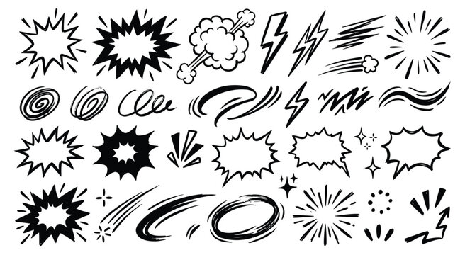  Line speed cartoon effect, boom explosive motion line element set. Comic boom burst, explosive smoke, line speed cartoon vector icon. Hand drawn sketch doodle action effect. Vector illustration 