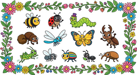 Obraz premium Cute Cartoon Insects and Bugs Collection Set with Floral Border Frame for Kids Education Kindergarten Activities and Children Book Illustration