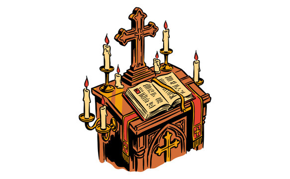 Religious Altar with Open Holy Book Cross and Lit Candles Illustration