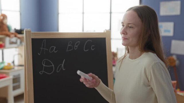 Young caucasian woman teacher holding chalk and writing letters on a freestanding chalkboard in a building classroom, pointing to the alphabet; nurturing calm.
