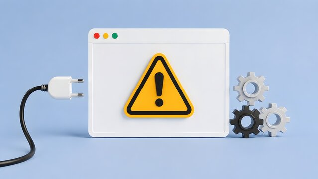 Isometric 3d illustration of website browser window with yellow warning triangle power plug and gears representing error 404 connection failure or system maintenance