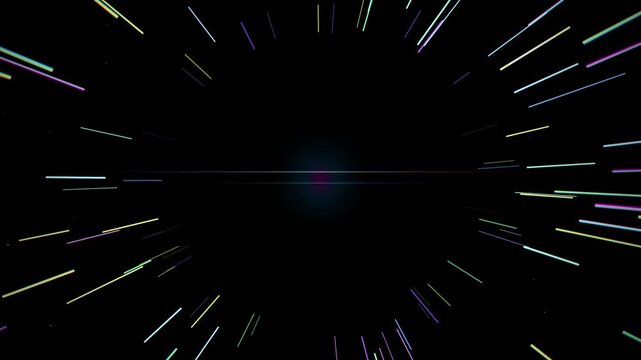 Radiant neon light streaks accelerating toward a central glowing point in dark deep space creating a dynamic visual effect for this abstract motion clip representing high speed digital energy travel