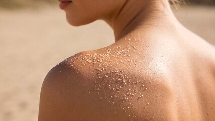 Naklejka premium Woman rests her bare shoulders against the warm sand on a sunny afternoon.
