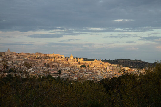 Noto, Italy; October 1, 2026: View of the city at sunset, showing its characteristic golden hue.