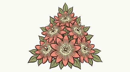 Fototapeta premium Vintage passionflower botanical floral bouquet. Tropical flower print design for shirt and textile. Hand drawn exotic garden plant illustration. Muted pink bloom art.