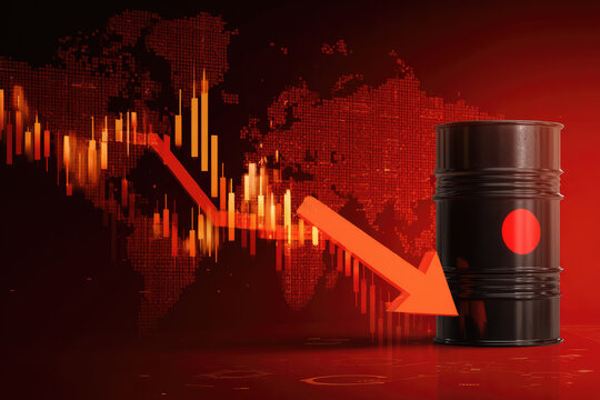 The concept of a global market downturn, with an arrow pointing downward, a falling stock chart, and a barrel of oil. A financial crisis, economic downturn, and market crash.