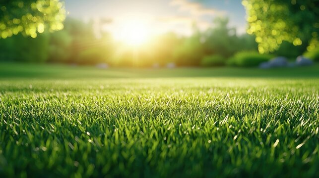 Sunlit Lawn at Golden Hour A sprawling green lawn bathed in golden hour light, creating a dreamy, tranquil scene with long, soft shadows.