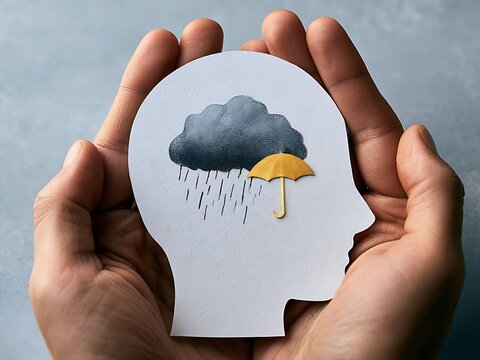 Heavy storm cloud inside paper head profile, emotional depression and therapy support concept, world mental health day