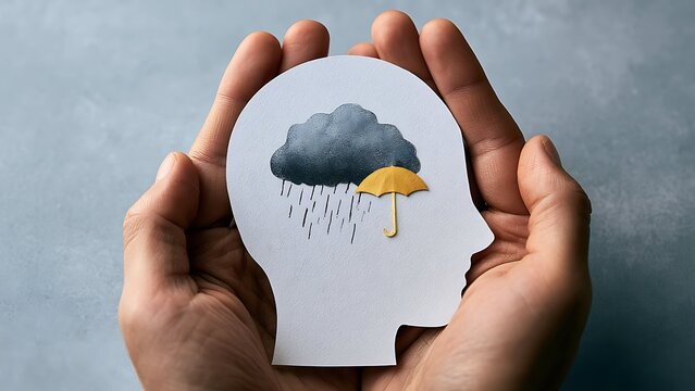 Heavy storm cloud inside paper head profile, emotional depression and therapy support concept, world mental health day